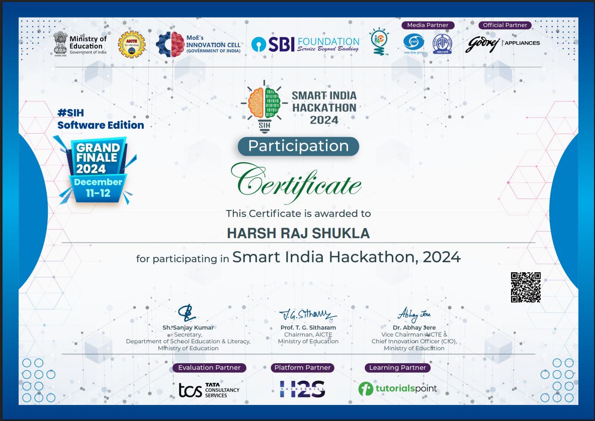 Smart India Hackathon 2024 grand finale certificate