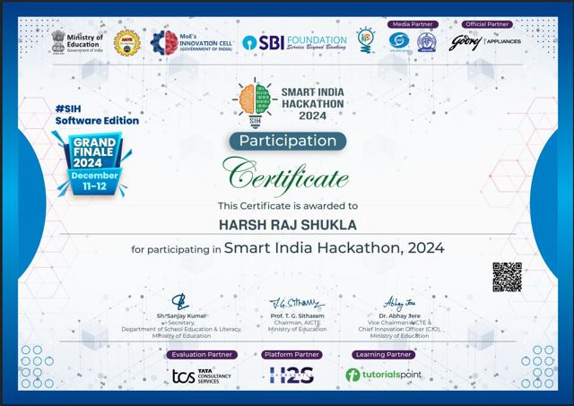 Smart India Hackathon 2024 grand finale certificate