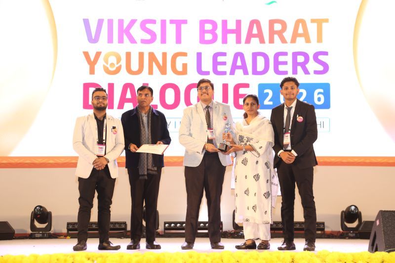 Harsh and team receiving their award at Viksit Bharat Young Leaders Dialogue 2026